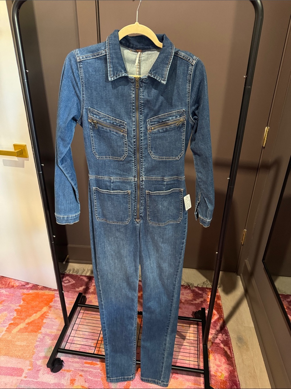 Free People Dark Blue Denim Zip Jumpsuit